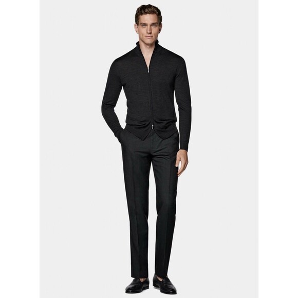 SUITSUPPLY Mens Sz L Dark Grey Merino Wool Full Zip Cardigan Sweater Lightweight